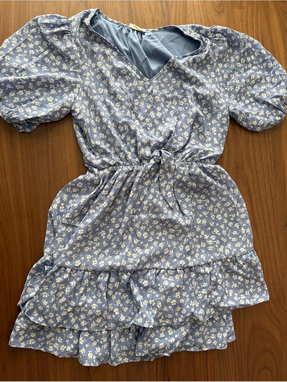 Sienna Sky Blue Floral Tie-Waist Tiered Dress